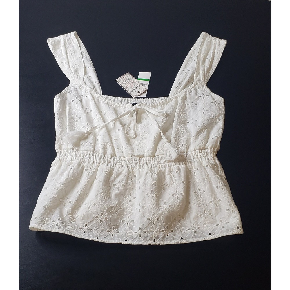 Flag & Anthem White Eyelet Peplum Blouse Top Tassel Tie L Cottagecore Milkmaid